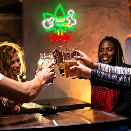 Image of Weed Neon Sign for Wall Decor Green Leaf Neon Light Dimmable Cartoon Neon Light Sign Weed Wall Decor Neon Signs for Man Cave Bedroom Hotel Shop Bar Garage Decor Gifts for Men,Size 13.8 * 13.1in(P044)