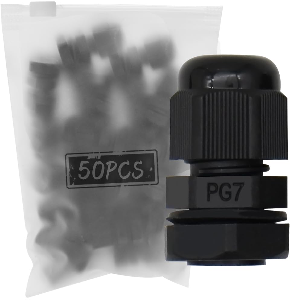 MAKERELE PG7 Cable Glands Joints Waterproof IP68 Wire Glands Adjustable Locknut Plastic Cable Gland for 3.1mm-6.6mm Wire(50pcs) ，Black, With Gaskets-image-39