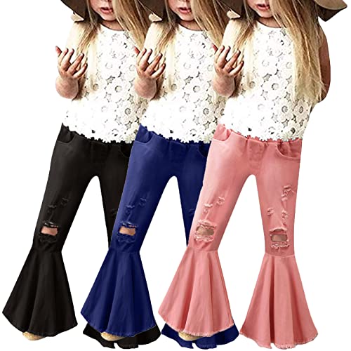 Baby Girls Ripped 𝐑uffle Flare Pants Wide Leg Elastic Waistband Bell Bottoms Kids High 𝐑ise Straight Leg Jeans4