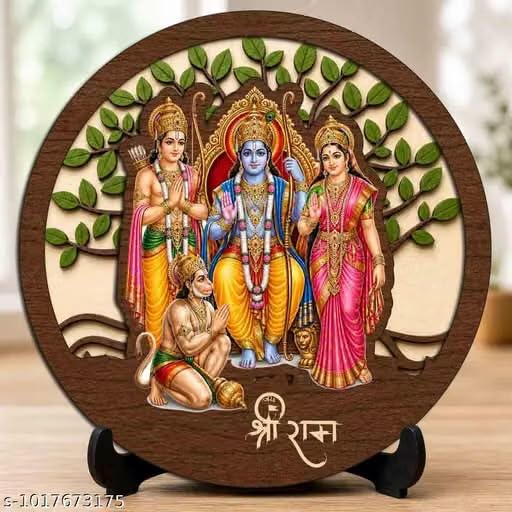 MDF Wooden Ram Darbar Decorative Plaque with Stand | Vibrant Detailing, Tree Backdrop Design, Tabletop Display, Pooja Room Decor, Durable MDF Wood-image-23