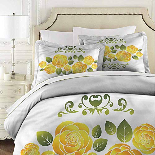 Mannwarehouse Juego de funda de edredón de color amarillo con diseño de rosas con funda de remolino, juego de 3 piezas (1 funda de edredón, 2 fundas de almohada), doble aguja, costuras duraderas