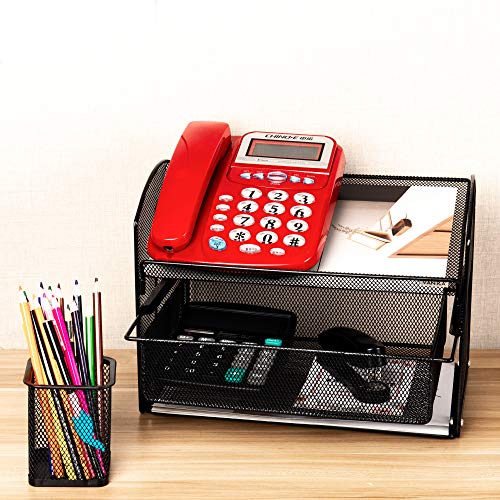 Vanra Desk Organizer Set Metal Mesh Desktop Telephone Stand With Pencil Cup Holder, 2 Piece Black #TOP3