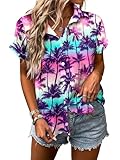 Women Hawaiian Shirt Soft Cool Summer Hawaii Tshirts Beach Tropic Print V Neck Button up Tops Floral Short Sleeve Tops Purple