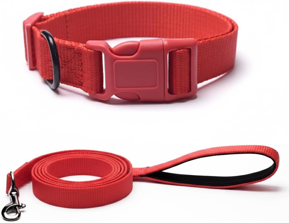 Dog Collar & Leash Combo for Medium to Large Dogs of All Breeds. Durable Nylon Collar with Adjustable Buckle,Padded Grip Leash with Strong Hook.Comfortable, Secure, and Stylish Set (RED)