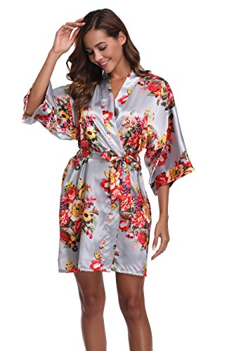 Women's Bridesmaid Robe Short Floral Wedding Kimono Robe Satin Floral Kimono Bathrobe for Bridal Wedding Party Sliver L - Thumbnail 6