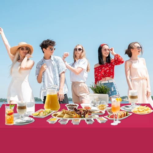 Image of WNINK 2 Pack Bright Red Plastic Tablecloth Disposable Table Covers 54 inch x 108 inch Table Cloths for Bridal Shower Engagement Wedding Birthday Picnic Parties