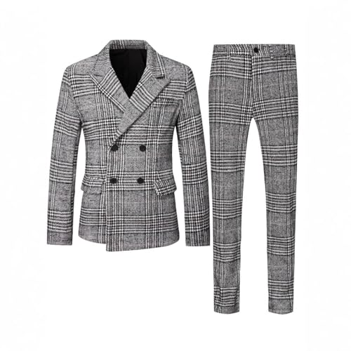Kromoc Men's Houndstooth Two-Piece Suit Peak Lapel Double Breasted Buttons Jacket Pants Wedding Formal3