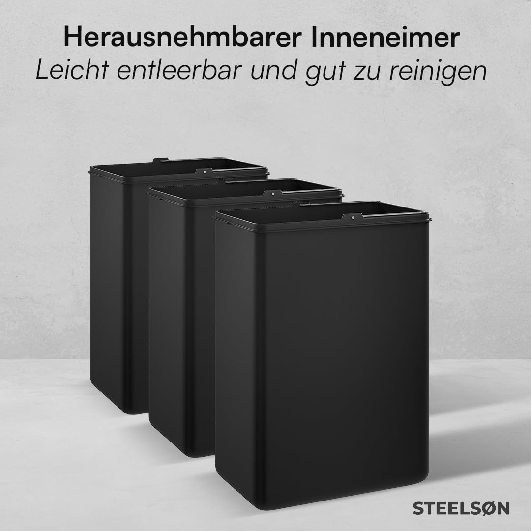STEELSØN Epsilon Mülleimer 3x15L, 3 Fächer, aus Edelstahl in Silber | Mülltrennsystem Küche, Tretmülleimer mit Soft-Close-Deckel, Abfalleimer + herausnehmbaren Inneneimern für Recycling/Restmüll
