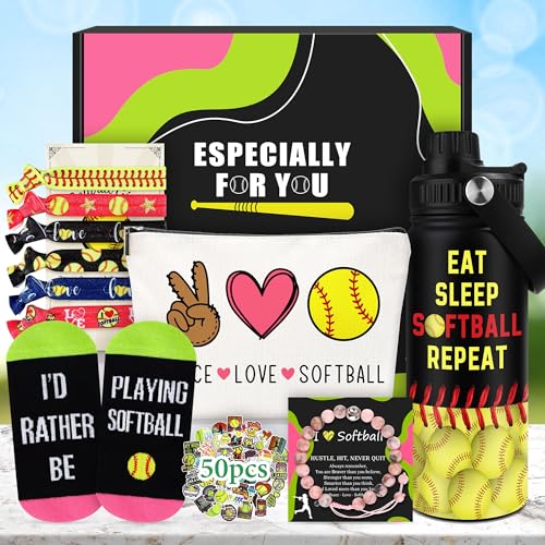 Softball Gifts for Girls Softball Accessories for Girls Cool Sport Themed Gift Ideas for Women, 20oz Tumbler Stickers Bracelet Makeup Bag Hair Ties Socks Stuff Set for Teen Girl Mom Player Coach Youth