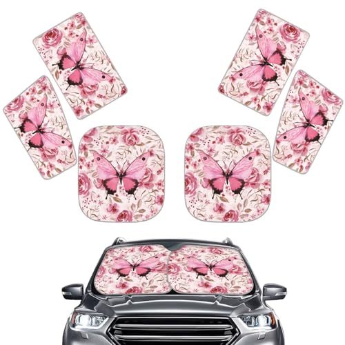 Image of Pink Butterfly Car Sun Shade for Windshield 6 Pack Sun Shield for Side Window Sunshade Blocks UV Rays Easy to Install Car Interior Accessories Sun Protection for Cars