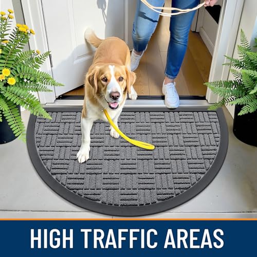 Image of OLANLY Half Circle Door Mat Outside Entrance 29.5x17, Absorbent, Heavy Duty Sturdy Natural Rubber Doormat Indoor Outdoor, Fade Resistant, Non-Slip Backing Low Profile Floor Mat for Entryway, Grey