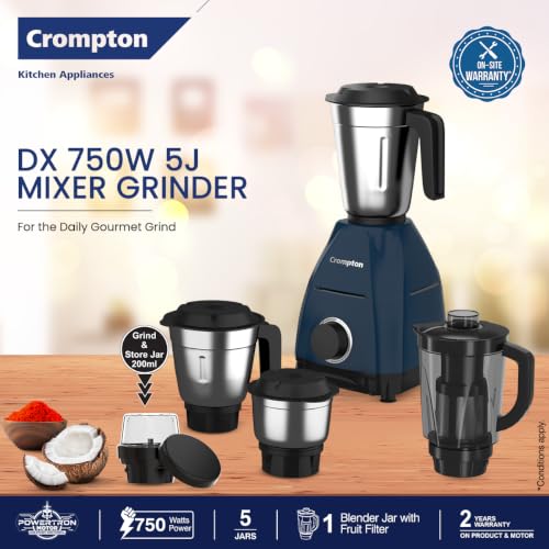 Image of Crompton DX 750W Mixer Grinder with 5 Jars| 3 Stainless Steel Jars, 1 Blender Jar with Fruit Filter & 1 Grind & Store Jar | Powertron Motor | 2 Years Warranty