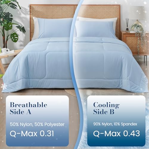 Amélie Home Cooling Comforter King Size, Dual-Sided Lightweight Cooling Blanket for Hot Sleepers, Q-Max 0.43 Breathable Cooling Quilt for Night Sweats, 106" x 90", Heather Ice Blue