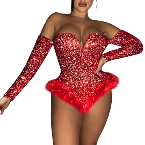 GOKKILRW Sequin Bodysuit for Women Mardi Gras Carnival Outfits Off Shoulder Sexy Birthday Party Club Night Corsets Jumpuits