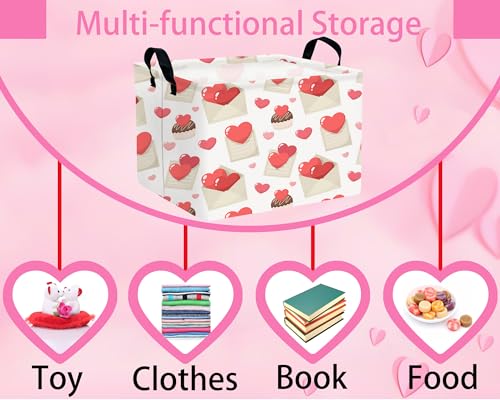 Image of Valentines Day Basket Large Foldable Heart Shaped Storage Box for Gifts Kids Empty Storage Bins Rectangular Toy Organizer Decor (Envelope Cake Love)