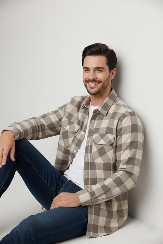 Image of DEELMO Men's Stylish Cotton Blend Casual Chakes Shirt || Full Sleeve Shirt with Dual Flap Pockets Fabric || Perfect for Casual and Classic Fit & Style || Stylish Everyday Wear