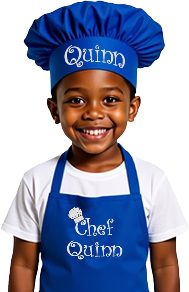 Made in the USA Personalized Embroidered Premium Child Apron and Chef Hat for Kids Girls Boys Fun in the Kitchen Gift (CAN Royal, Regular with hat)