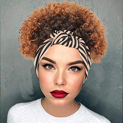 Aisaide Kinky Curly Headband Wigs for Black Women,Curly Synthetic Wrap Wigs with Headband Attached Short Curly Wigs for Black Women Ombre Brown Scarf Wigs Kinky Curly Turban Wigs with Stripe Headband