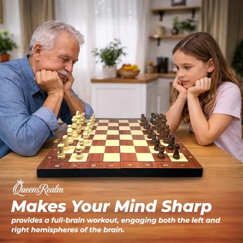 Image of QueensRealm 10 Inch Chess Board Set Wooden Handmade Magnetic Foldable Chessboard for Kids & Adults, Compact & Portable Travel Chess with Inbuilt Storage 2 Players Board Game(10 Inch x 10 Inch- Wooden)