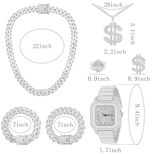 NEWITIN 7 Pieces Silver Jewelry Set for Men Diamond Watch Necklace Bracelets Stainless Steel Cubic Zirconia Cuban Jewels Bling Dollar Necklace Rings Hip Hop Jewelry Set for Men Women - Image 3