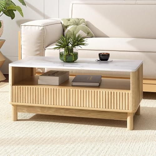 Artiss Coffee Table Marble Finish Tabletop, Fluted Design Drawer Panel with Pine Wood Legs, Large Open Shelf and 2 Storage Drawers, Modern Coffee Table for Living Room, Wood&White
