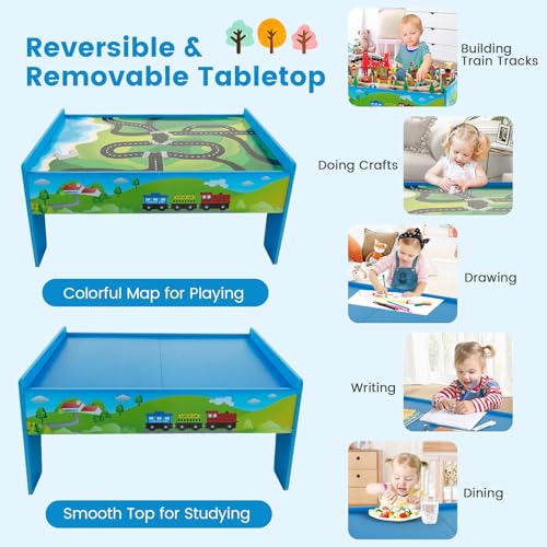 Image of Costzon Train Table, 80 Pcs, Wooden Kids Activity Table Playset with Reversible & Detachable Tabletop, Solid Wood Tracks, Train, Railway, City, DIY Design, Gift for Boys & Girls, Multi-Color