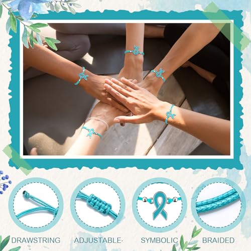 80 Pcs Ovarian Cancer Awareness Bracelets Adjustable Teal Ribbon Cord Fan Strap Braided Bracelet Inspiring Ovarian Cancer Gifts for Women Fighter4