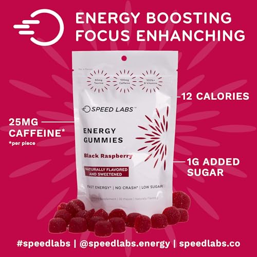 Image of Speed Labs Caffeine Energy Gummies Black Raspberry Natural, 25mg Caffeine, Taurine, B-Vitamins per Piece, 30 Pieces, Vegan, Gluten Free, 1g Added Sugar