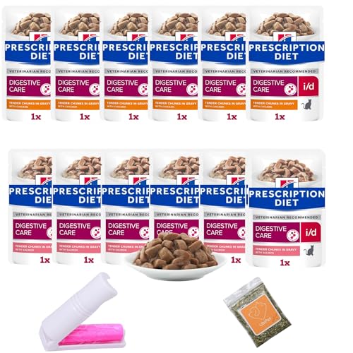 Digestive Care Cat Food Bundle with Prescription Diet I/D Pouches in Gravy Chicken and Salmon 12x 85gram plus UbiPet Catnip and Lint Roller