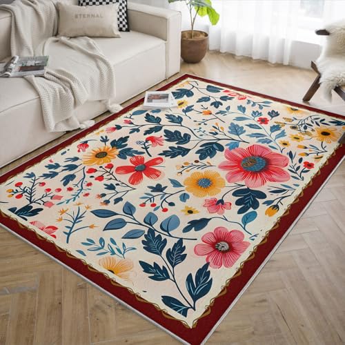 HOBBOY Alfombra Bohemia Floral Lavable 240x300cm Salón Botánico de Primavera Alfombra Fina y Suave para Dormitorio Comedor Casa de Campo Rojo Amarillo Azul Borde Rojo