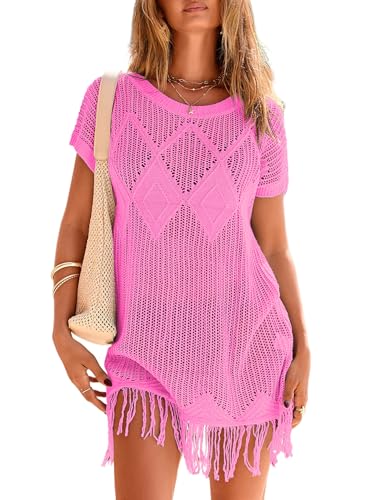 Dokotoo Swim Cover Up Summer Dresses for Women 2026 Casual Trendy Hollow Out Swim Coverup Crew Neck Short Sleeve Tassel Boho Dress Womens Vacation Resort Cruise Swimsuits Bathing Suit Bonbon