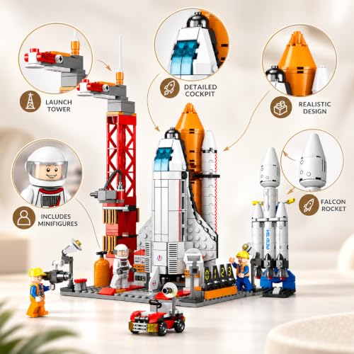 Image of SKY LINE OCEAN 8861 Space Ship Exploration Rocket & Launcher Set + Falcon Heavy Rocket 79 PCS Combo, STEAM Aerospace Building Kit, 5-Year Structural Warranty