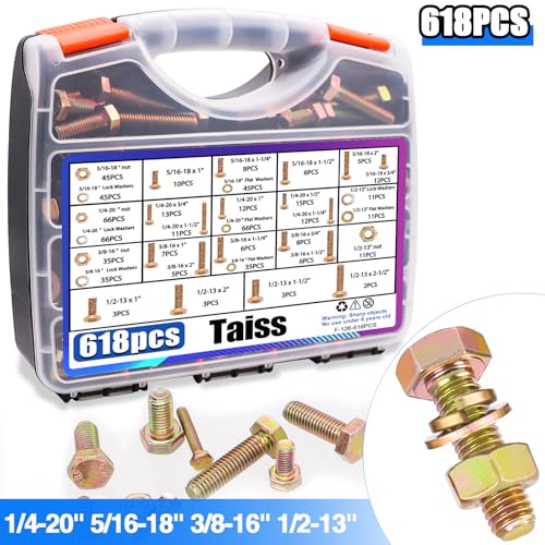 Image of Taiss Grade 8.8 Bolts and Nuts Assortment Kit,1 /4-20,5 /16-18,3 /8-16,1 /2-13 Heavy Duty SAE Hex Bolts and Nuts & Flat /Lock Washer Kit,Carbon Steel Zinc Plated,with Handheld Box 618PCS