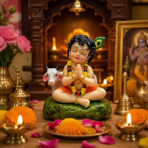 Image of Spiritual Bal Gopal Krishna with Cow Statue - Meditating Krishna Idol for Mandir and Home Decoration