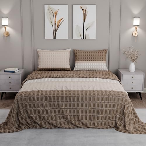 Image of BLISSHOME SoftTouch 150TC Cotton King Size Printed Bedsheet with 2 Pillow Covers for Double Bed, Silky Smooth Bedding Set, Breathable, Easy Maintain, Geometric Pattern - Brown (228cm X 274cm)