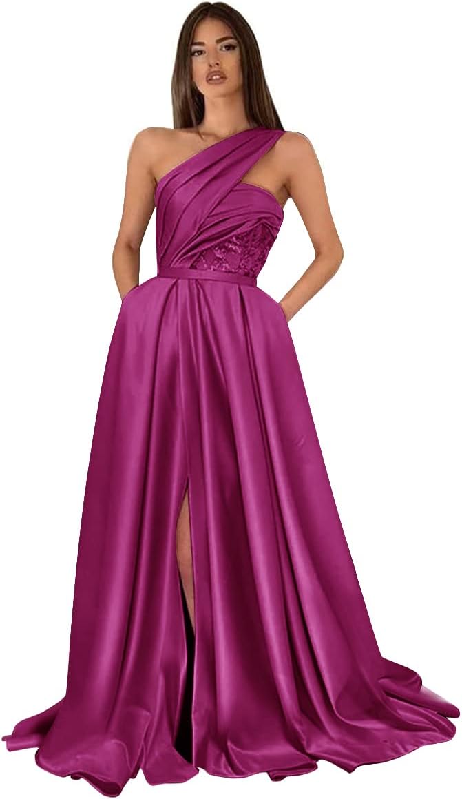 Women's One Shoulder Prom Dresses Long Ball Gown A-line Formal Dresses Long with Pockets Ruched Glitter Lace Evening Gowns