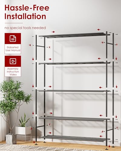 Storage Shelves - 5 Tier Shelf Organizer, Heavy Duty Garage Shelving Unit with Leveling Feet, Stable Metal Shelves Organizer for Pantry, Kitchen and Closet, 47.3" W x 12.6" D x 60.8" H, Black