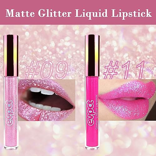 Image of evpct 2Pcs Rose & Hot Pink Glitter Metallic Shimmer Diamond Lipstick Lip Gloss Set for Women Long Lasting Waterproof, Light Bright Rose Pink Sparkle Glitter Matte Liquid Lipstick Lip Gloss Makeup Kit