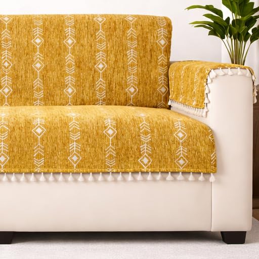 STITCHNEST Chenille Printed Sofa Cover 3 Seater with 2 Hand Rest Covers – Washable Mustard Sofa Cover with Tassels – Durable Premium Fabric – Stylish Sofa Protector for Living Room & Furniture Decor5-image-8