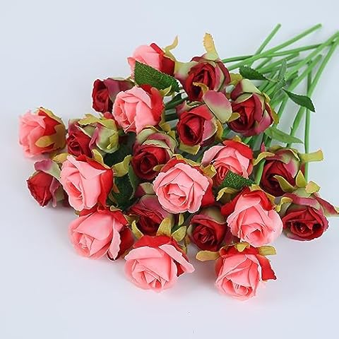Rosscer Pink Artificial Roses Flowers Bouquet, 24 Pcs Small Silk Fake Rose Floral Decor for Home, Office, Table Centerpiece, Party, Bridal Bouquet and Wedding Arrangement Decoration (Pink) Cover