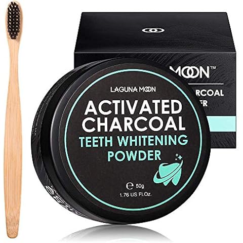 Lagunamoon Activated Charcoal Natural Teeth Whitening Powder with Bamboo Brush- No Hurt on Enamel or Gum, Alternative to Toothpaste, Strips, Kits, Gels Cover
