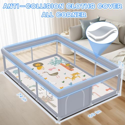 Image of XVISHX Baby Playpen with Mat, 74 x 50 Inch Playpen for Babies and Toddlers, Baby Playard for Indoor & Outdoor Active Center Game Fence, with Skin-Friendly Fabric and Soft Breathable Mesh, Grey