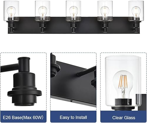 Miniatura 4 de Lámparas de tocador de baño, lámparas industriales negras de 5 luces, luces negras con pantallas de vidrio transparente, iluminación moderna para