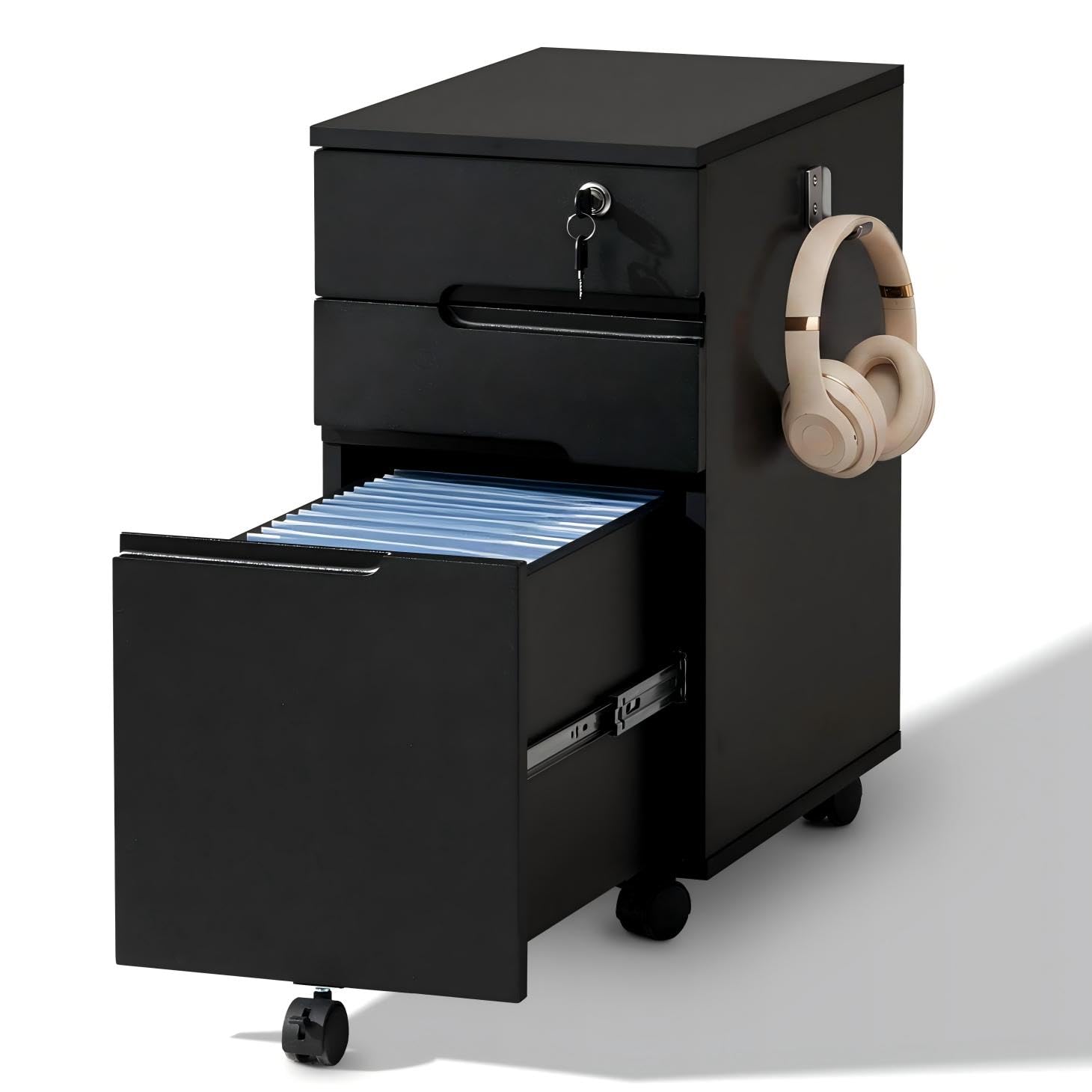 CLIPOP Abschließbarer Rollcontainer, mobiler Aktenschrank mit 5 Rollen & 3 Schubladen, für A4/Letter Hängeregistratur, Schreibtisch unterschrank, Schubladen-Büroschrank für Büro & Homeoffice, Schwarz