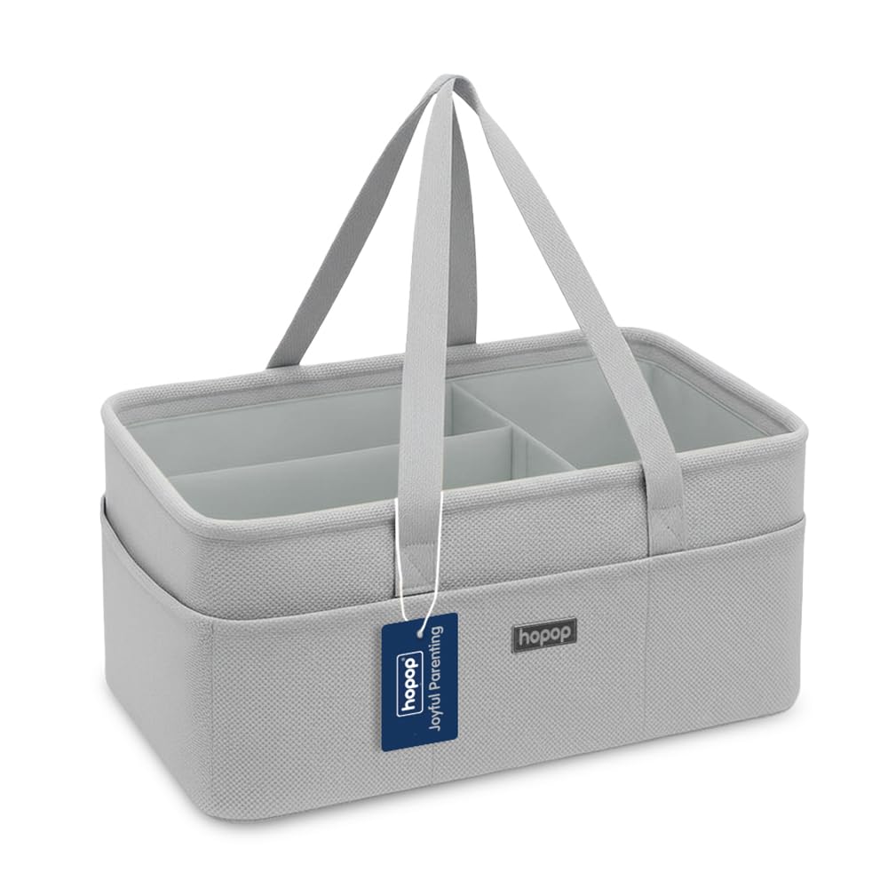 Hopop Canvas Diaper Caddy Bag for Baby Products | Diaper Organizer Basket for Baby Essentials | Portable and Foldable Diaper Caddy Organizer | Nursery Storage Bin for Diapers & Wipes | Grey-image-2
