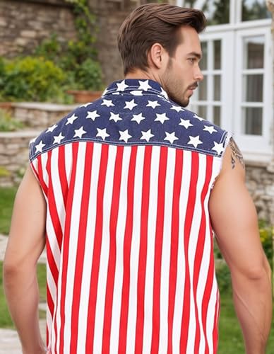 Image of Men's Denim Loose Fit Biker Vest Sleeveless Jacket Summer Retro Lapel American Flag Jean Jacket Shirt
