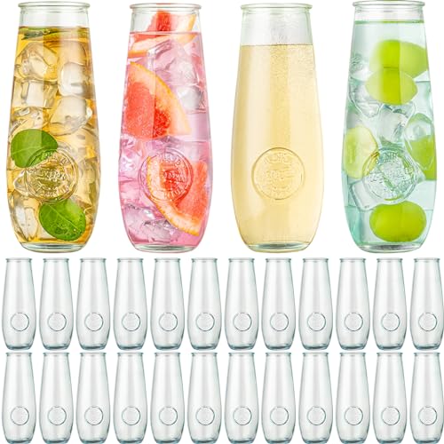 wookgreat Stemless Champagne Flutes Set of 24, 10 oz Champagne Glasses, Toasting Glasses, Prosecco Mimosa Glasses, Made Of Recycled Glass, Embossed Stemless Champagne Flutes for Wedding, Party, Easter