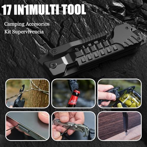 Miniatura 4 de Navaja Multiusos 17en1 Herramientas Multiusos Cuchillo con Palillos | Navaja Suiza para Encender Fuego, Abrelatas, Sierra, Silbato, Regalos para Hombres Mujer Papa