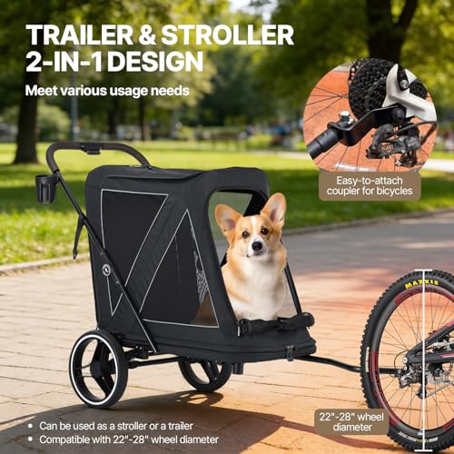 Image of Beberoad 2-in-1 Dog Stroller & Bike Trailer for Large Dogs, R7 All-Terrain Pet Stroller with ER Tires & Shock Absorption, One-Second Fold, 360 Mesh Ventilation, Detachable Washable Waterproof Fabric