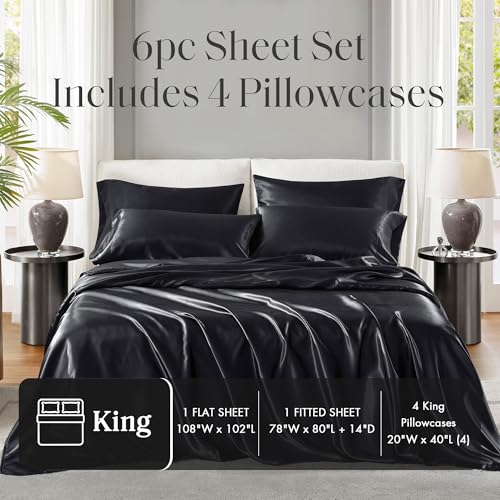 Image of Madison Park Essentials Satin Sheets King Size Bed Set, 6 Piece, Black